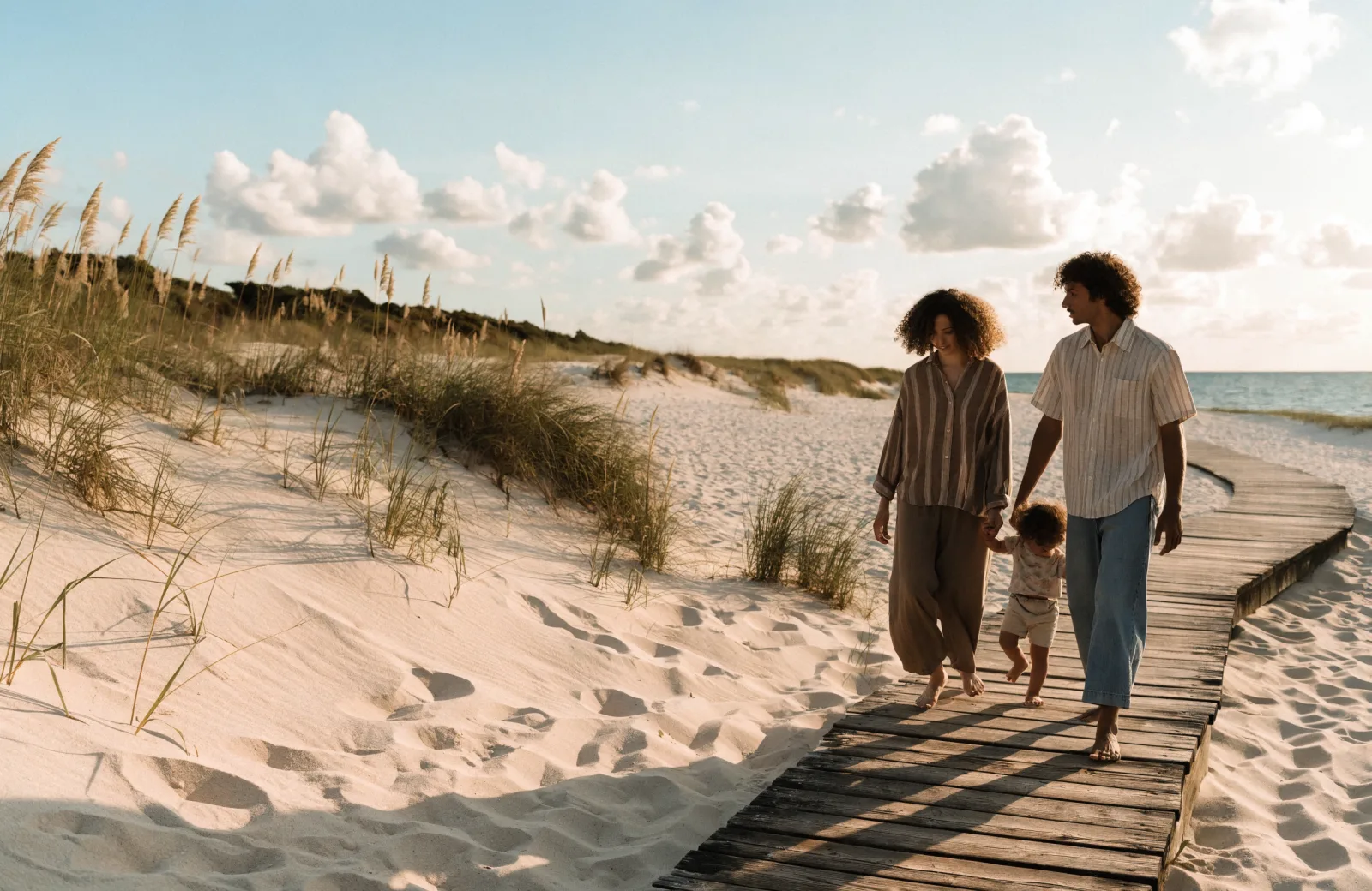 Family walking a boardwalk over white dunes toward the Gulf on 30A